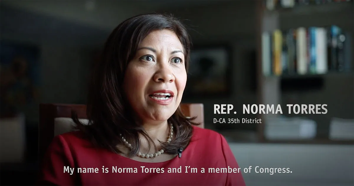 A thumbnail of Rep. Norma Torres in an interview.
