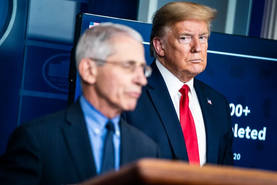 President Trump listens to Anthony S. Fauci, director of the National Institute of Allergy and Infectious Diseases, during a coronavirus task force briefing at the White House on April 17, 2020. (Jabin Botsford/The Washington Post)