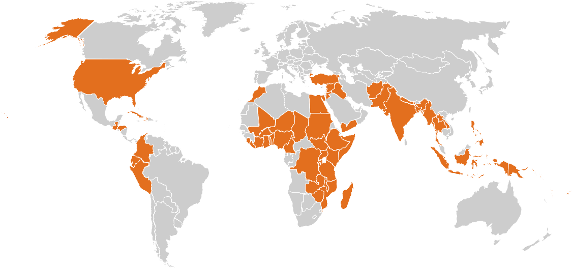 A map of the world showing 69 countries where CARE is responding to COVID, largely concentrated in Africa and Southeast Asia.