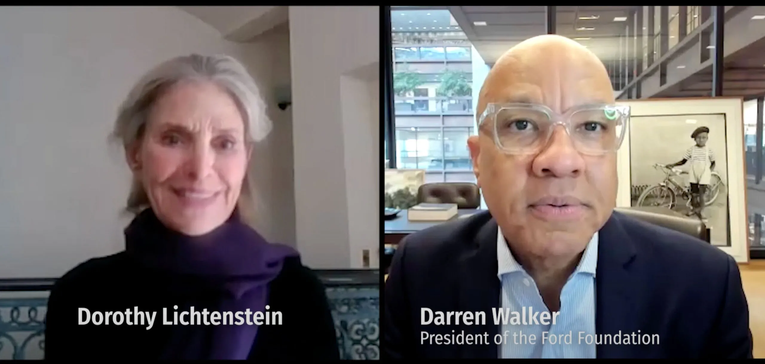 Dorothy Lichtenstein and Darren Walker presenting the Art for Vaccines auction on a Zoom call.