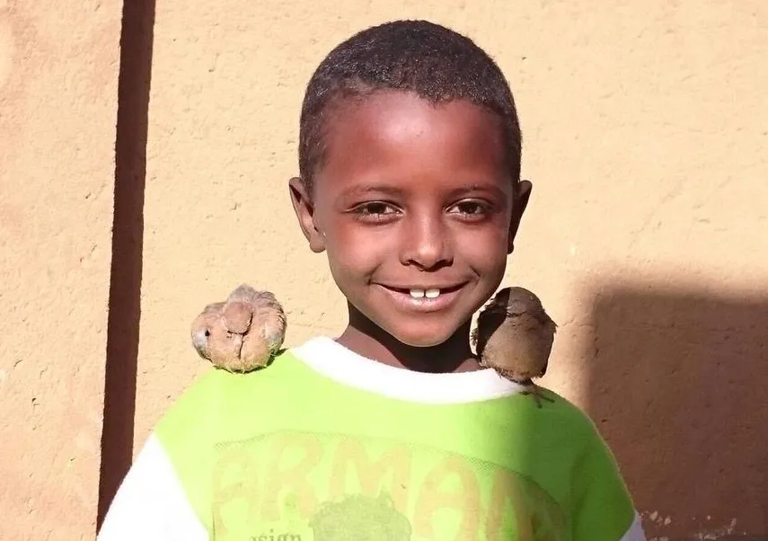 Boy, smiling, with birds on his shoulders, looking directly at camera.