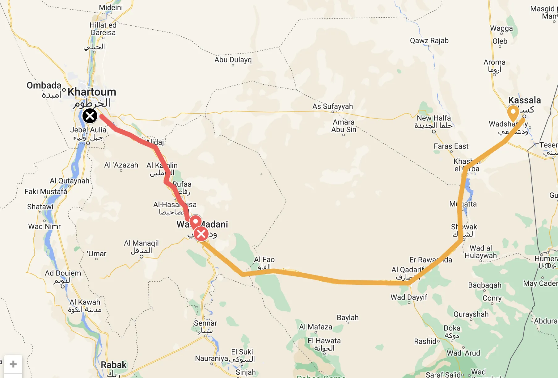 Close-up map with red line from Khartoum to Wad Madani, and orange line from Madani to Kassala.