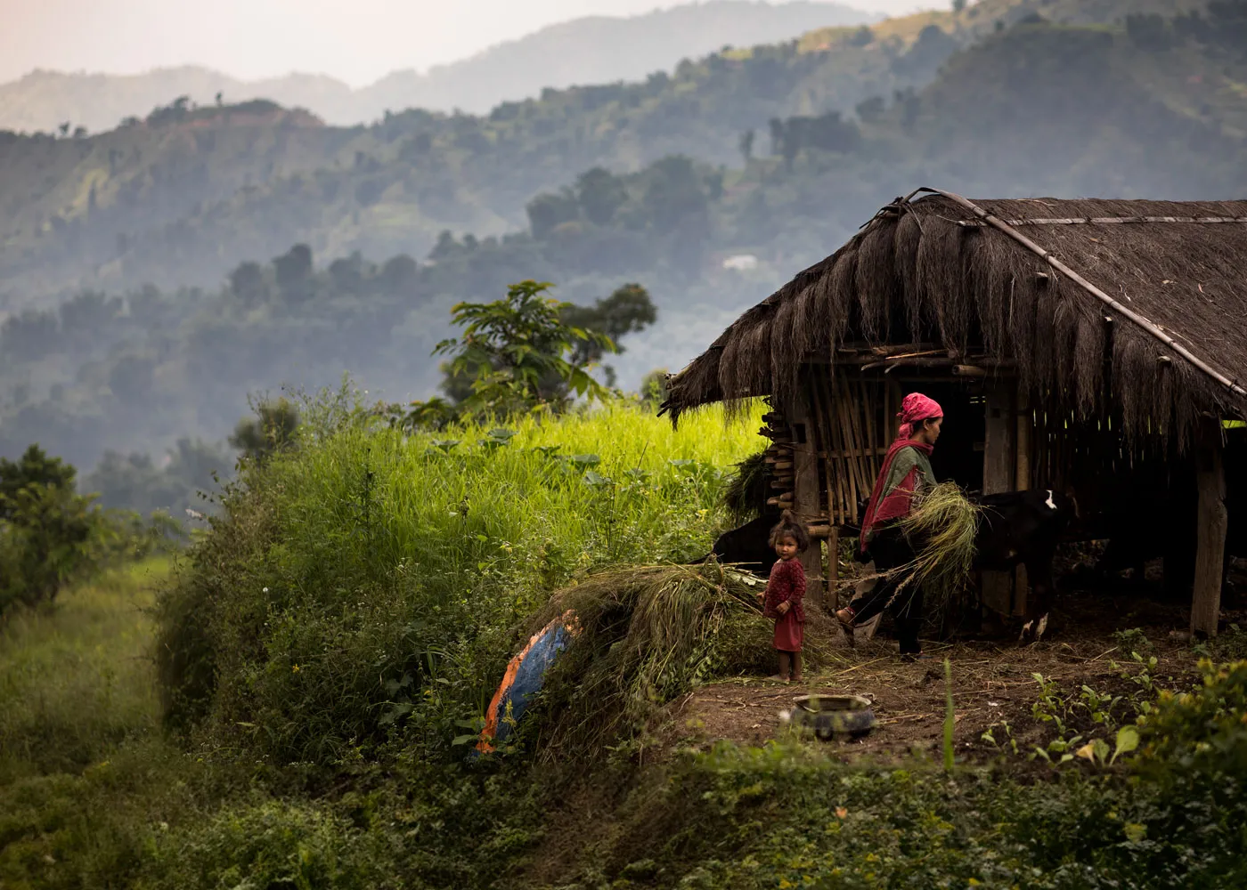 A Nepali woman carries grass by a wooden house. A small child stands next to her.