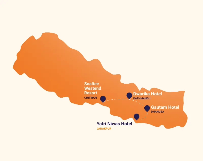 A map of Nepal with pinpoints in Kathmandu, Dhanusa, Janakpur, and Chitwan.