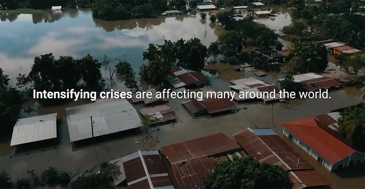 A drone shot of a flooded village.