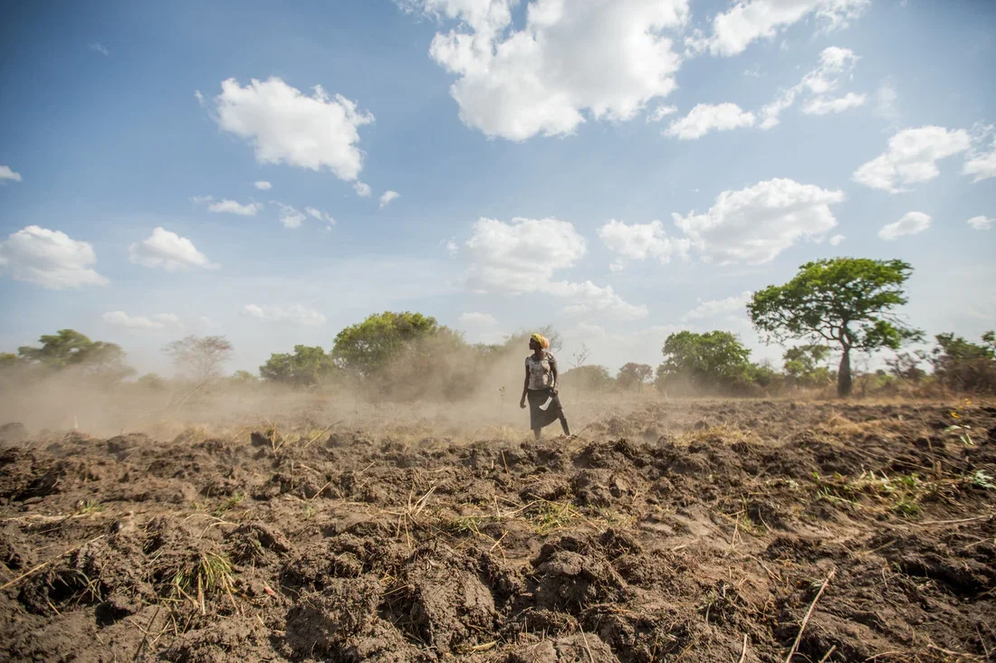 A woman holding a machete stands in the middle of a muddy field.