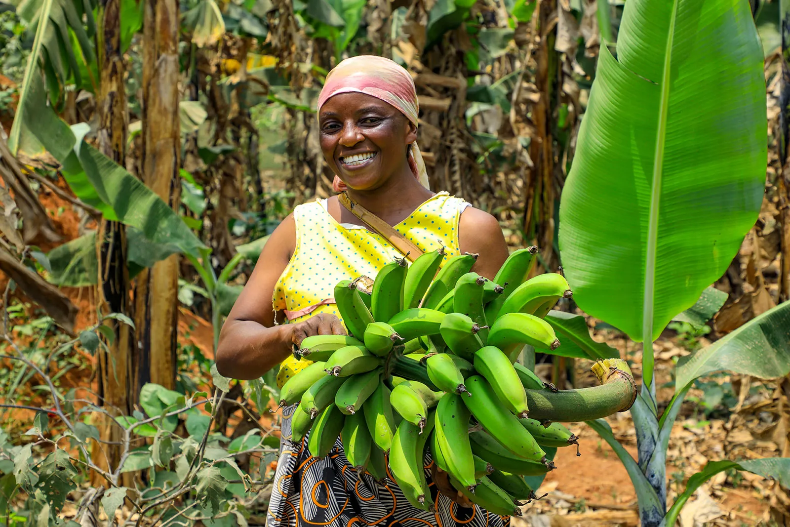 A woman smiles broadly while holding a large bunch of bananas.