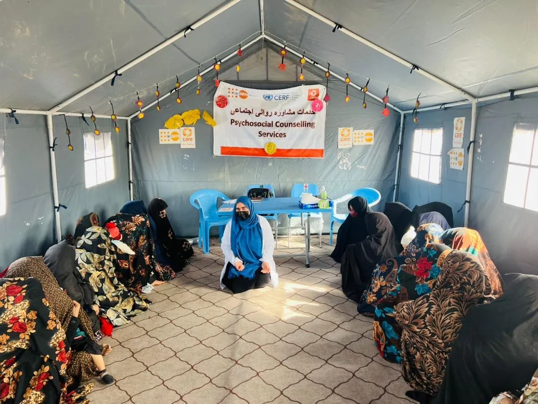 A group of earthquake-affected women attending a psychosocial counselling session in Afghanistan.