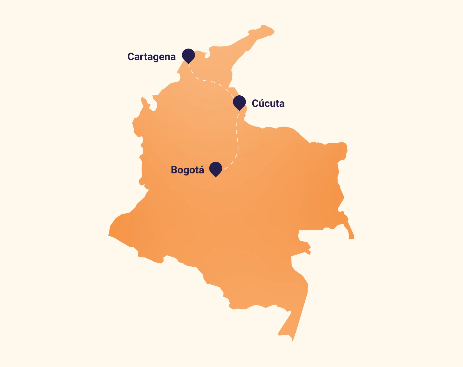 Map of Colombia with Bogotá, Cartagena, and Cúcuta highlighted.